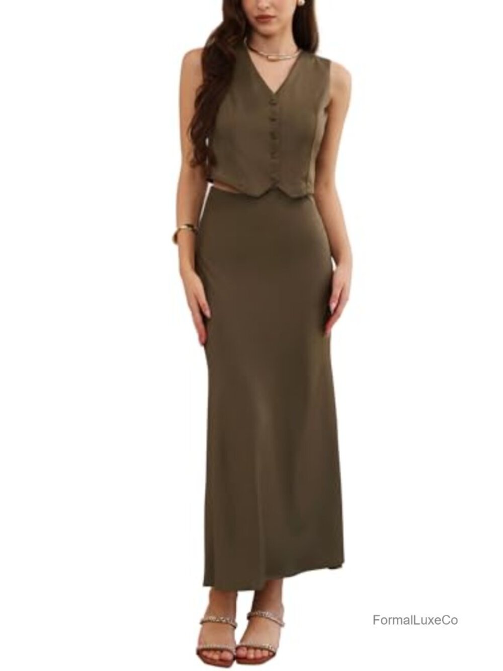Satin Two Piece Skirt Set Button V Neck Vest Top Long Maxi Skirt Dressy